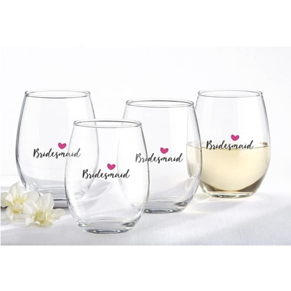 Bridesmaids Pink Heart Stemless Wine Glass 4 pcs